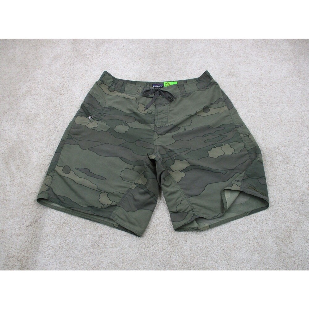 Patagonia Wavefarer II Board Shorts Mens 34 Green Camo Surfer Swim Trunks 19"